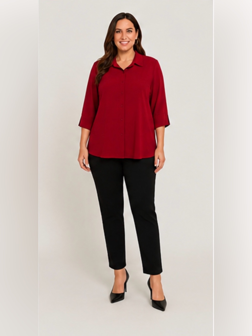 NWT Vikki Vi 0X Wine Red Button Front Blouse Plus Size 3/4 Sleeve Travel Knit To